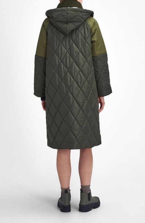 Shop Barbour Cookston Longline Quilted Coat With Removable Hood In Olive/ancient