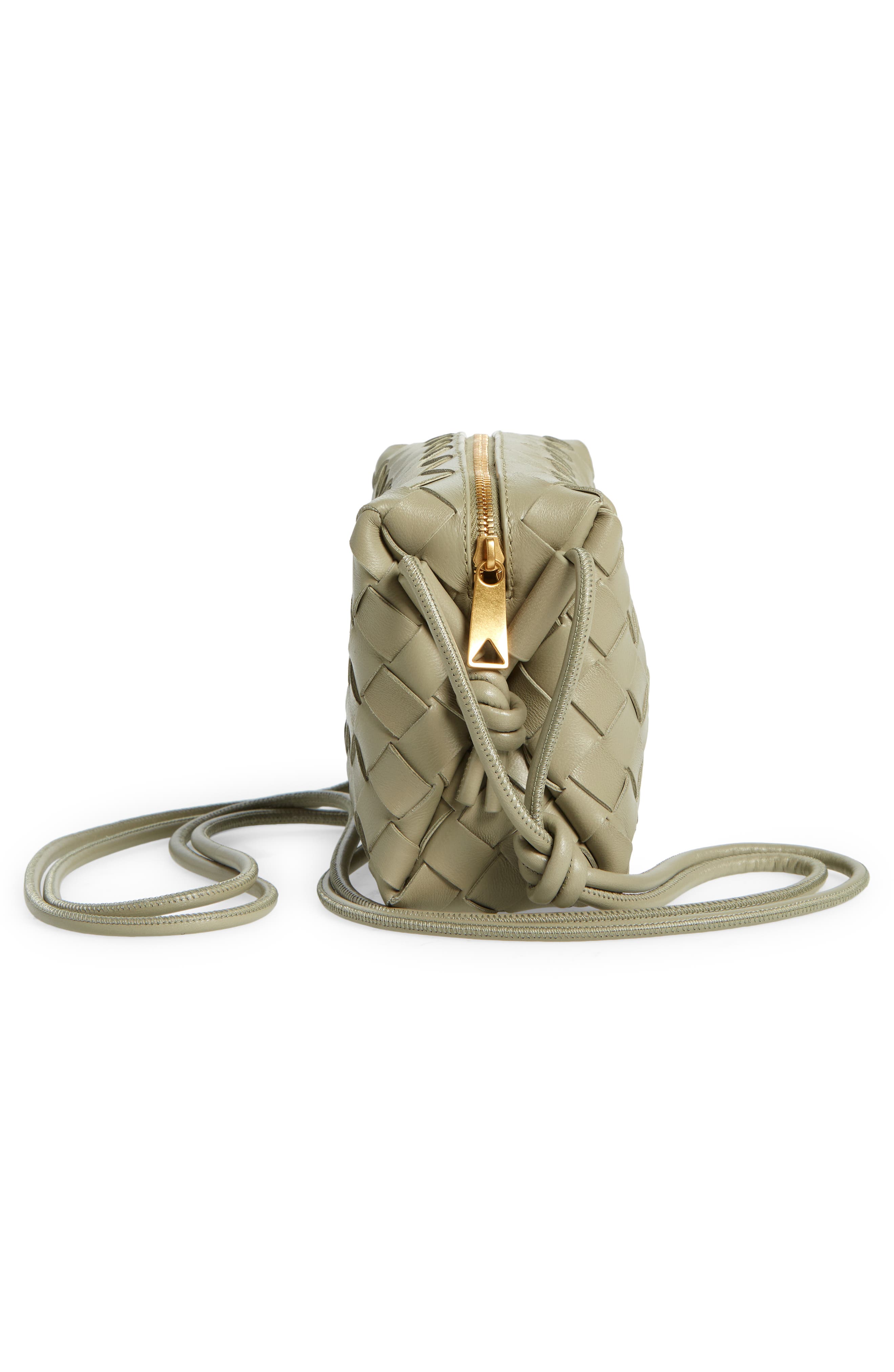 Bottega Veneta Mini Intrecciato Leather Crossbody Bag in 2916 Travertine-Gold