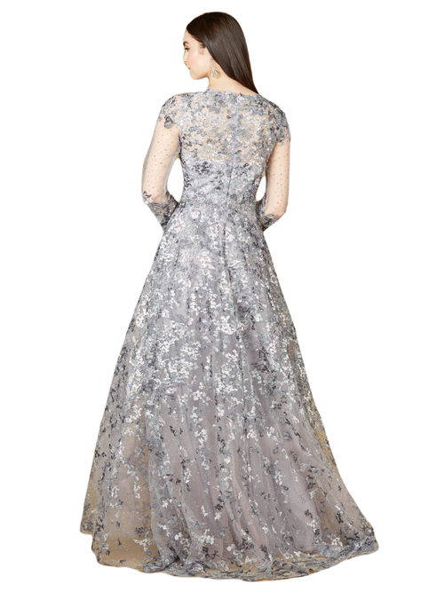 Lara New York A-line Gown With Long Sleeves, V-neckline In Dustypurple
