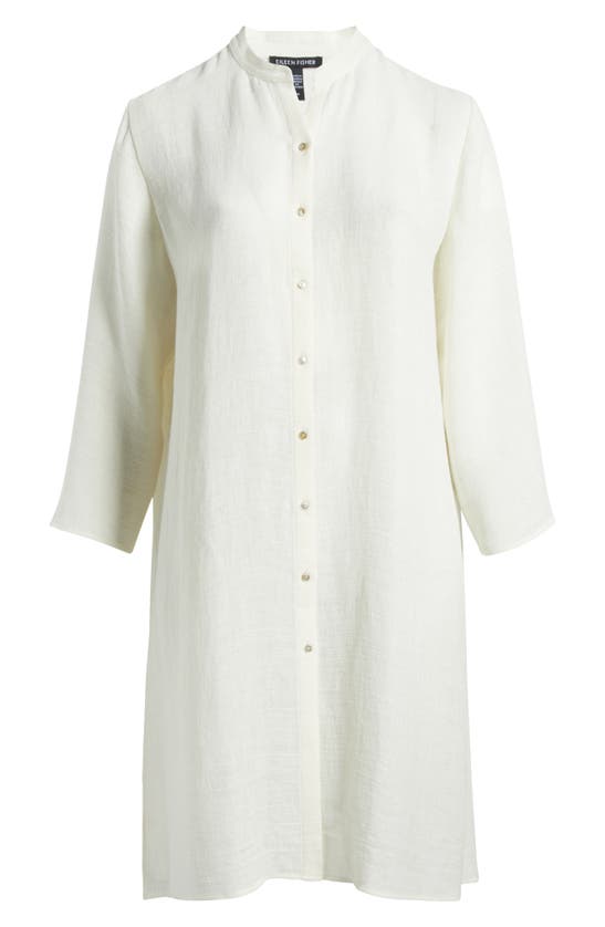 Shop Eileen Fisher Band Collar Longline Organic Linen Blend Button-up Shirt In White