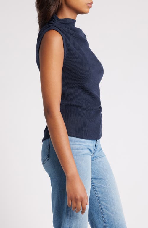 Wit & Wisdom Asymmetric Ruched Sleeveless Mock Neck Knit Top In Heather Carbon Blue