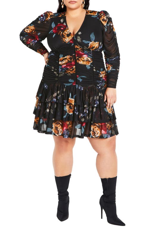 City Chic Floral Long Sleeve Minidress Dark Late Bloom at