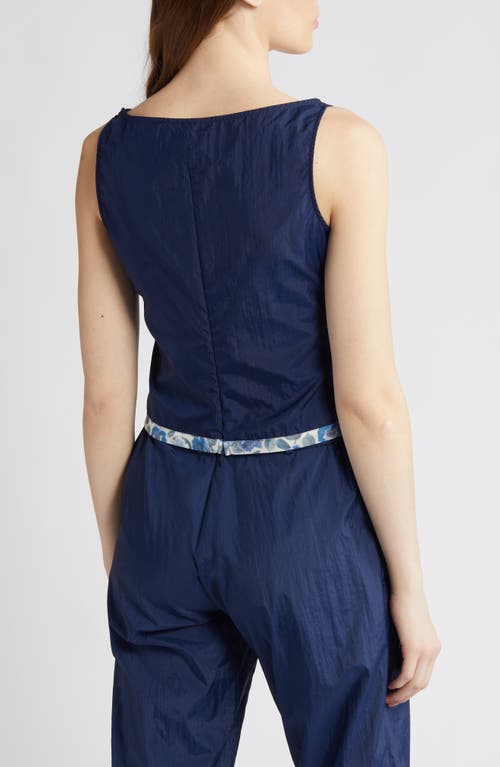 Coming Of Age X Liberty London Heidi Rose Print Trim Nylon Top In Navy/heidi Rose Blue