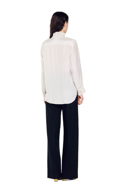 Sandro Silk Shirt With Gathered Collar In Ecru