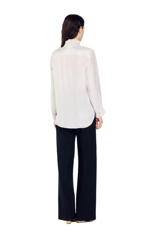 Shop Sandro Silk Shirt With Gathered Collar In Ecru