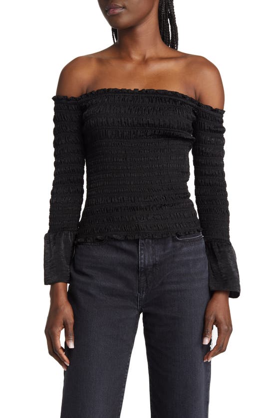 Shop Frame Off The Shoulder Smocked Blouse In Noir