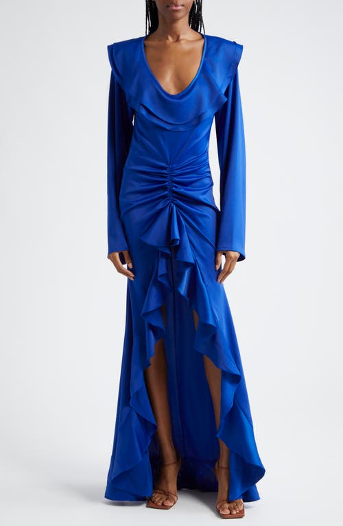 ORIRE Maya Ruffle Ruched Long Sleeve High-Low Dress in Blue 