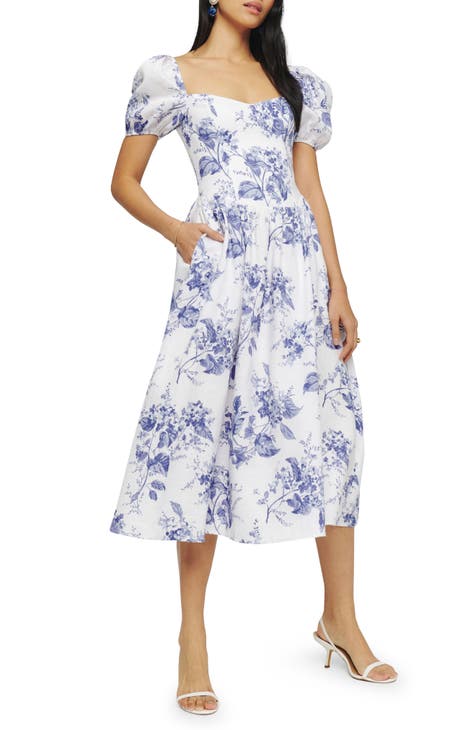 Reformation Davila Floral Print Puff Sleeve Linen Midi Dress