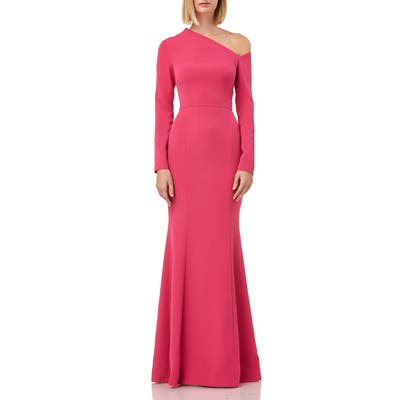 Kay Unger Asymmetrical Neck Long Sleeve Mermaid Gown, Coral