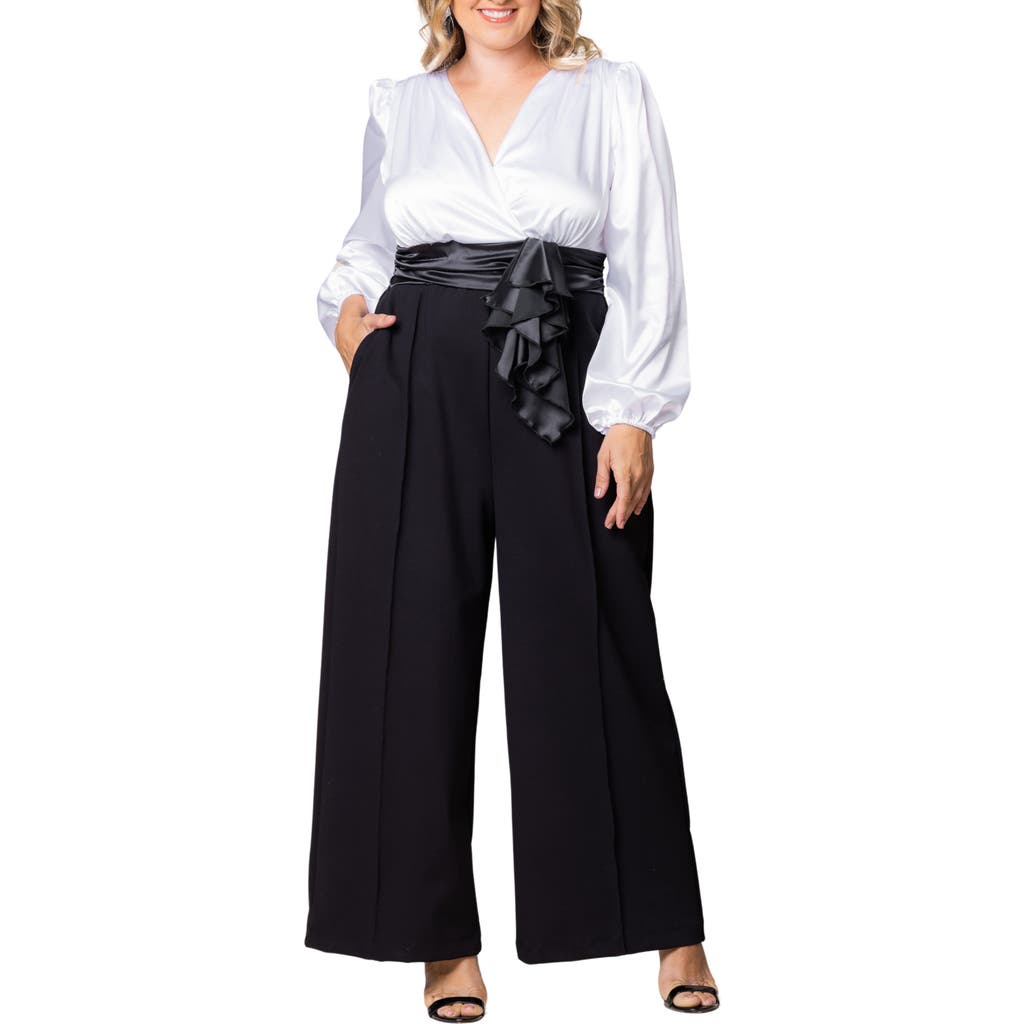 Shop Kiyonna Refined Puff Shoulder Long Sleeve Wide Leg Jumpsuit In Black Tie Affair
