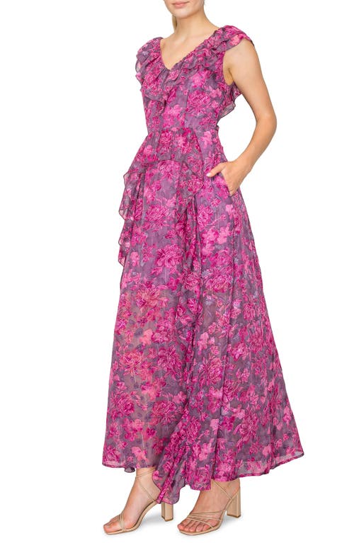 Shop Melloday Floral Print Ruffle Maxi Dress In Plum Magenta Floral