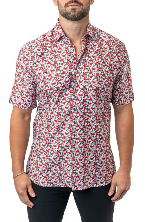 Maceoo Galileo Frenchie Bow Short Sleeve Egyptian Cotton Button-Up Shirt Red at Nordstrom,