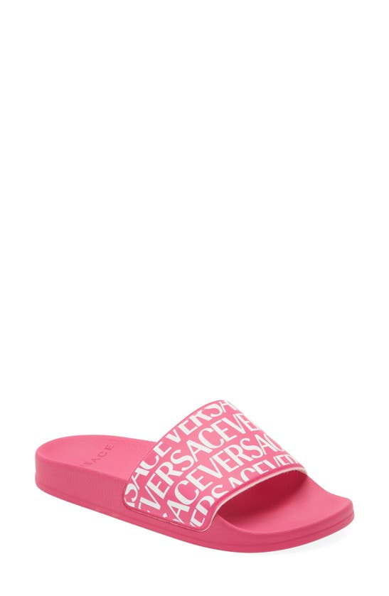 Versace Kids' Allover Logo Slide Sandal In Pink/ White