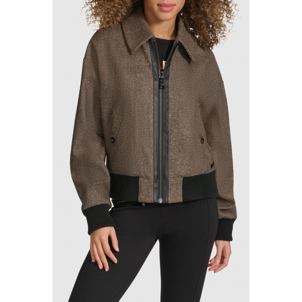 Karl Lagerfeld Paris Sparkle Herringbone Bomber Jacket In Brown Multi