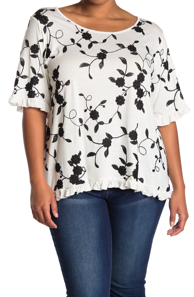 FORGOTTEN GRACE Elbow Sleeve Embroidered Ruffle T-Shirt, Main, color, BLACK/WHITE