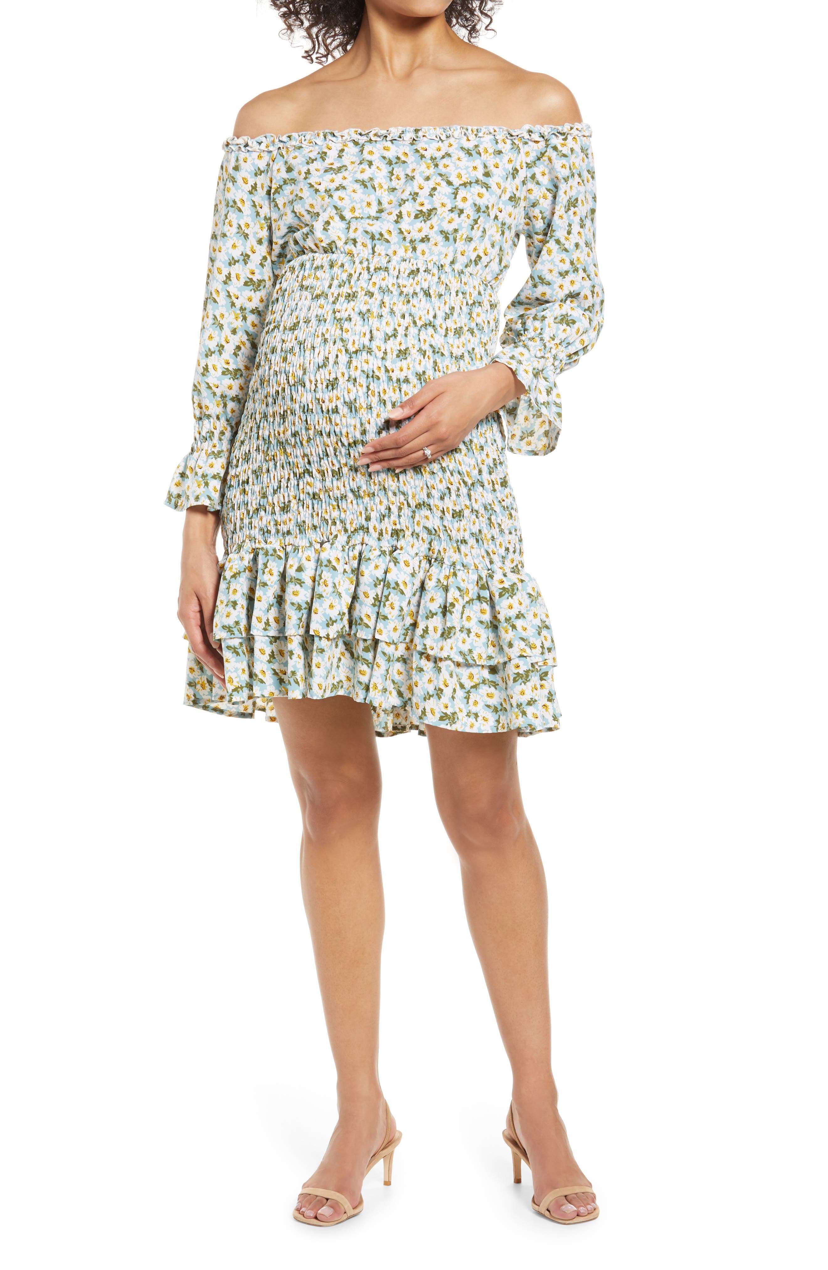 Arbres Womens Maternity Dress Chiffon Splicing Knit Slim Maternity Dress Photography Ruffle Off Shoulder Dress Maxi Dress 
