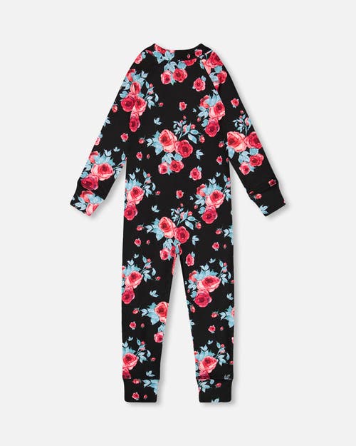 Shop Deux Par Deux Baby Girl's One Piece Thermal Underwear Black Printed Roses