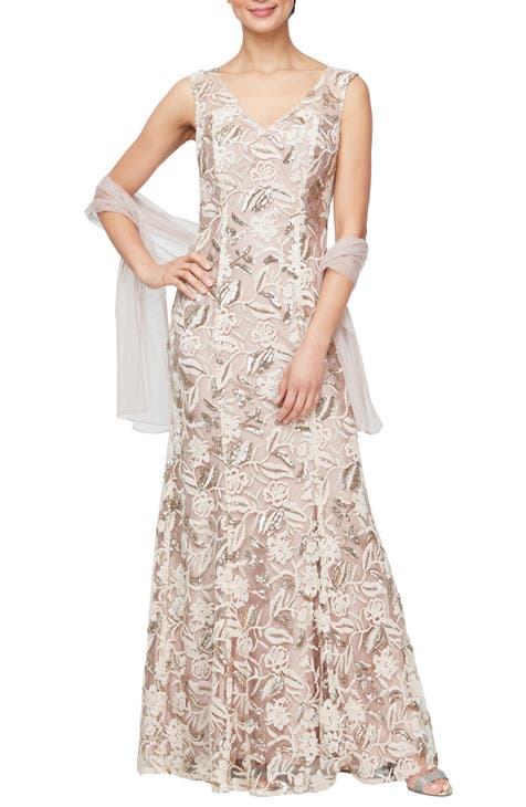 Floral Embroidered Evening Gown with Wrap