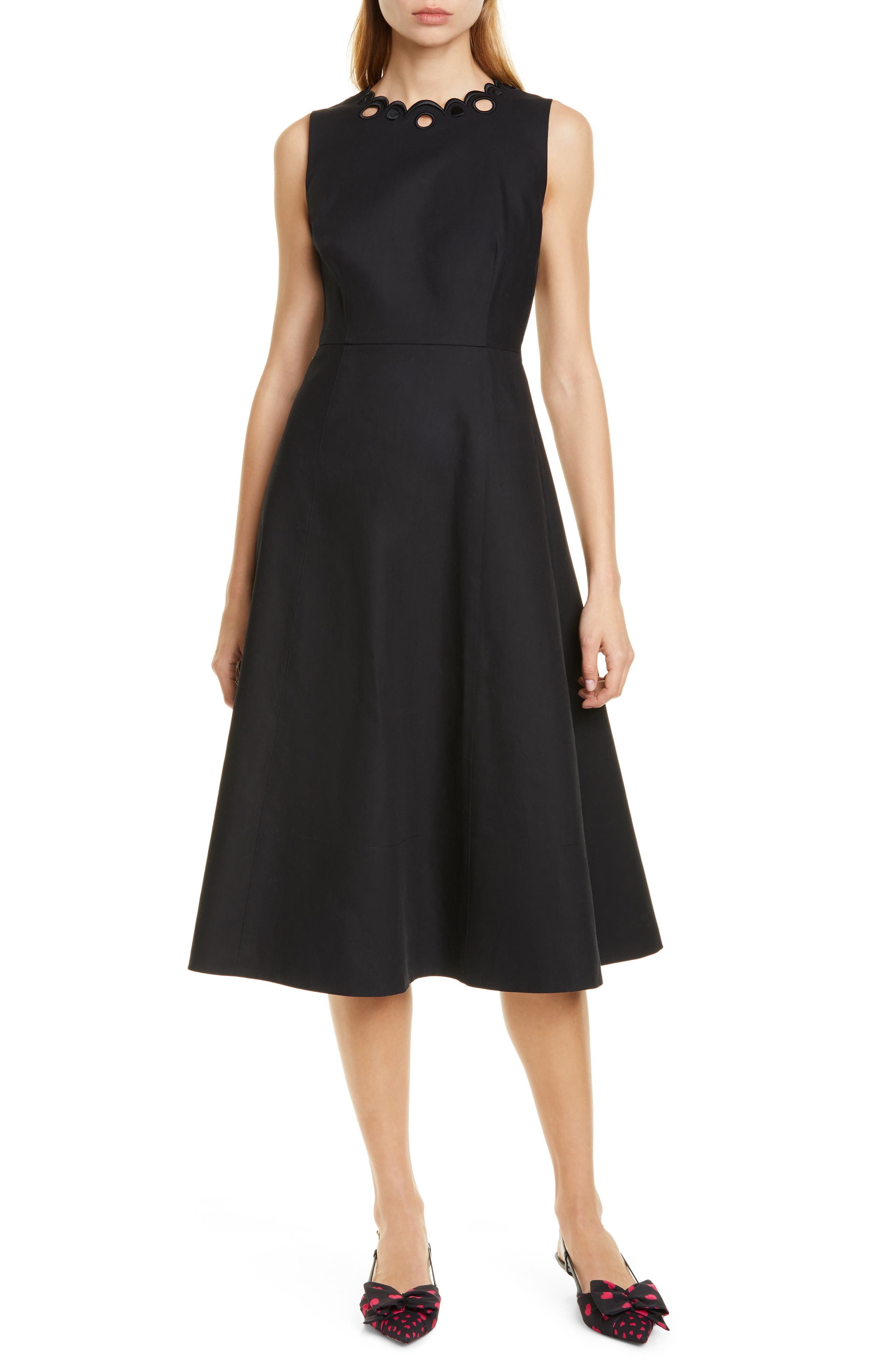 Kate Spade New York Scallop Neck Cotton Fit & Flare Dress, Black