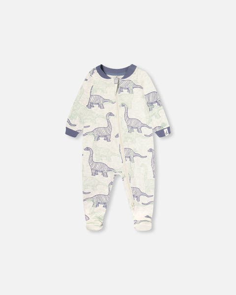 Baby Boy's Organic Cotton One Piece Pajama Heather Beige Printed Dinosaurs