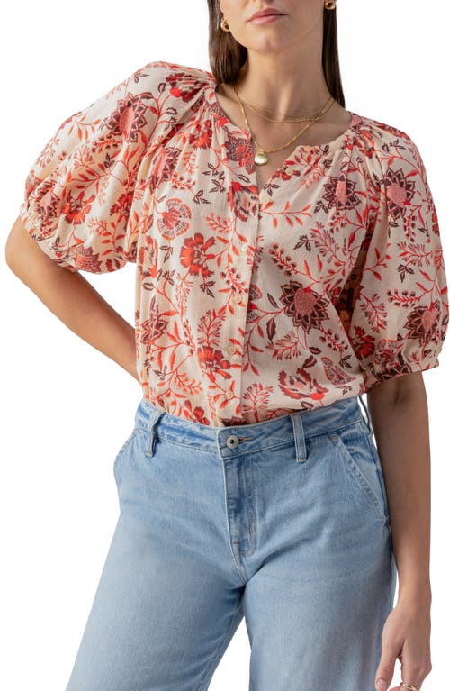 Floral Puff Sleeve Cotton Button-Up Top in Pacific Li