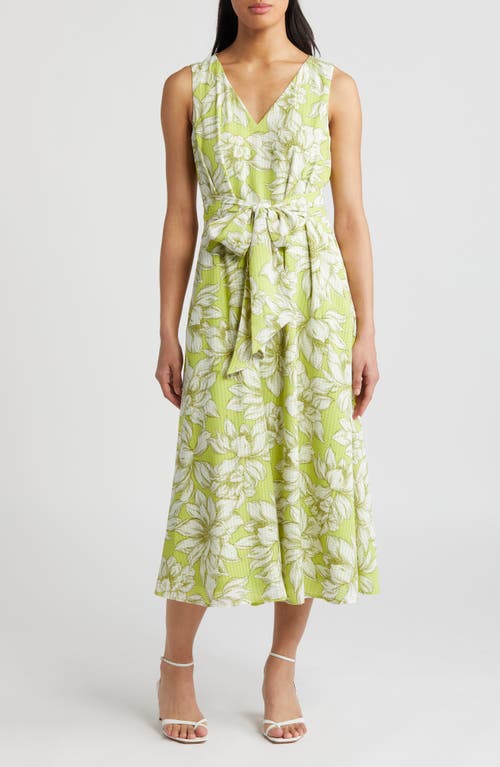Anne Klein Floral Print Tie Waist Sleeveless Midi Dress In Sprout/bright White Multi