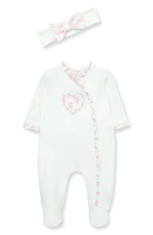 Little Me Rose Heart Cotton Footie & Headband Set Ivory at Nordstrom,