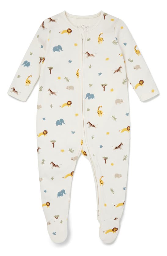 Mori Clever Safari Print Zip Fitted One-piece Footie Pajamas In Safari
