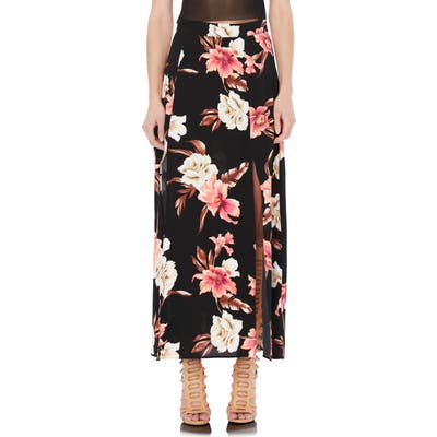 Afrm Tulum Floral Side Slit Midi Skirt, Black