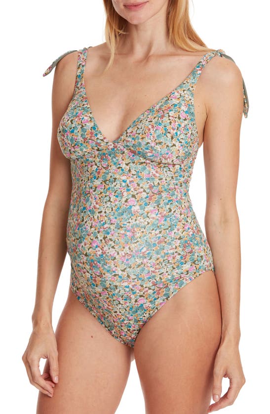 Shop Cache Coeur Victoria Floral One-piece Maternity Swimsuit In Beige Multi