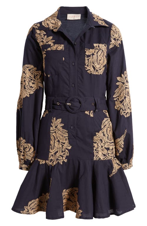 Shop Ciebon Ina Embroidered Long Sleeve Cotton Shirtdress In Navy Tan