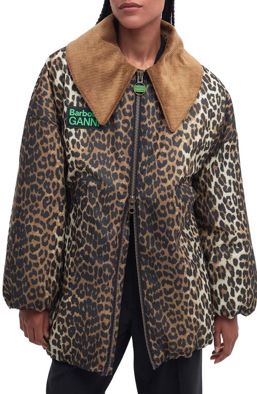 Barbour X Ganni Leopard Print Waxed Cotton Bomber Jacket In Brown