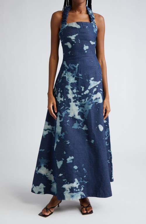 Bubi Print Halter Denim Maxi Dress in Blue