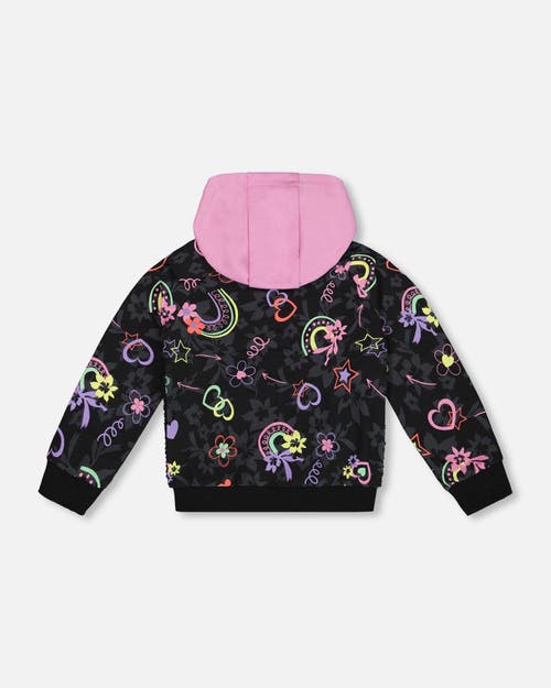 Shop Deux Par Deux Little Girl's Bi-material French Terry And Soft Fleece Zip Hoodie Black In Printed Hearts & Rainbows