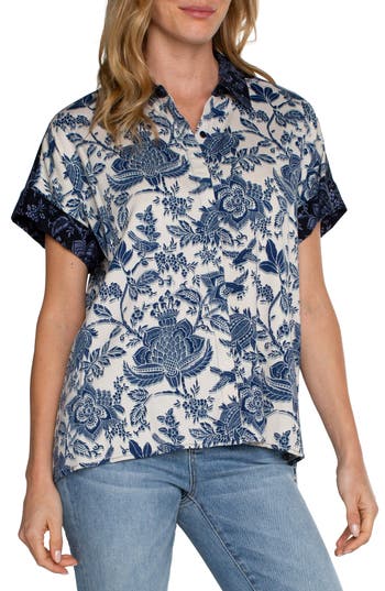 Liverpool Contrast Print High-low Short Sleeve Button-up Shirt In Glxy Flrl Prnt