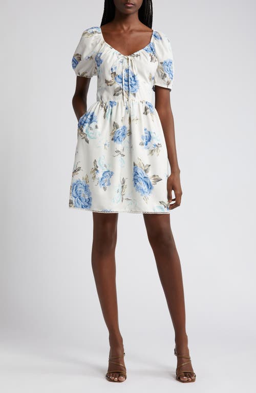 Floral Puff Sleeve Fit & Flare Dress in Blue Floral
