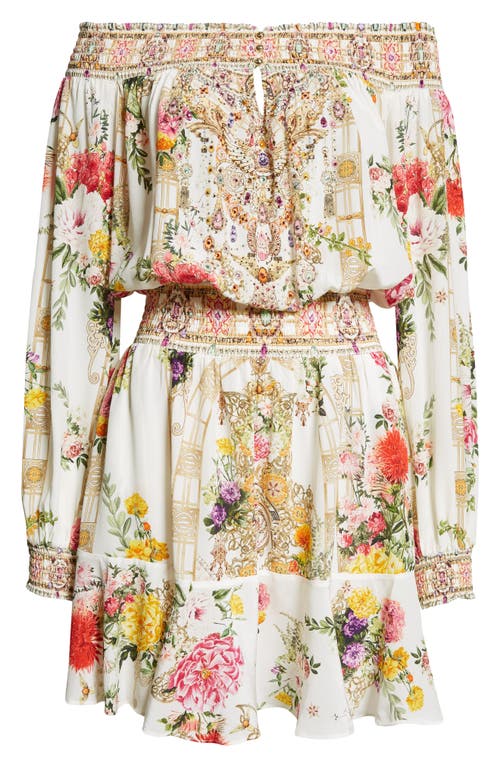 Shop Camilla Egyptian Rose Print Off The Shoulder Long Sleeve Silk Crepe Minidress