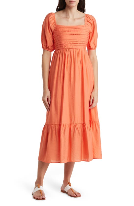 Shop August Sky Pleated Square Neck Midi Dress In Orange