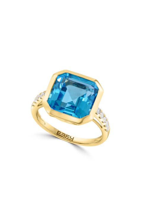 14K Yellow Gold Blue Topaz & Diamond Ring - 0.19ct. - Size 7