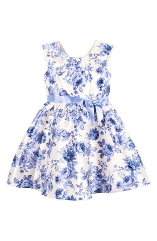 Zunie Kids' Floral Satin Ribbon Party Dress In Blue/ivory