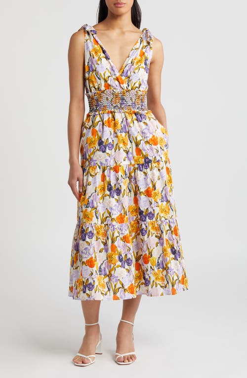 Adelyn Rae Floral Tie Shoulder Cotton Midi Dress Purple/Yellow Multi at Nordstrom,