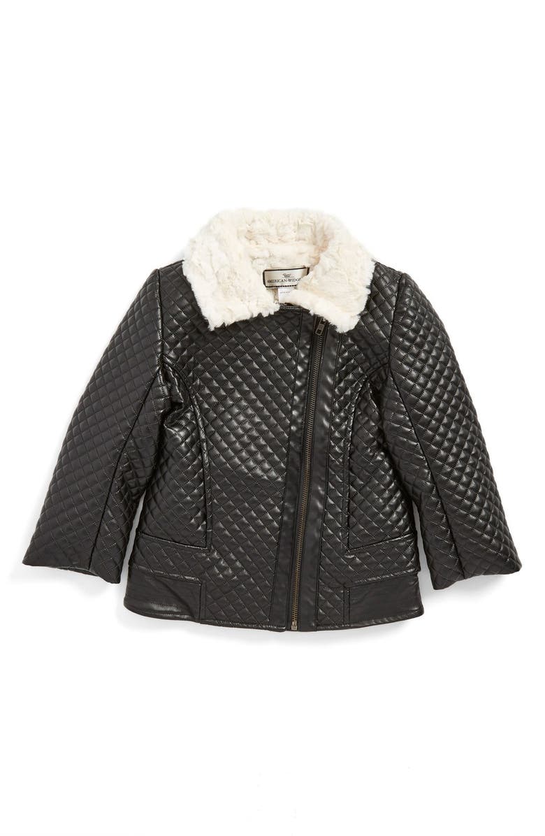 Quilted Faux Leather Jacket With Fur Collar