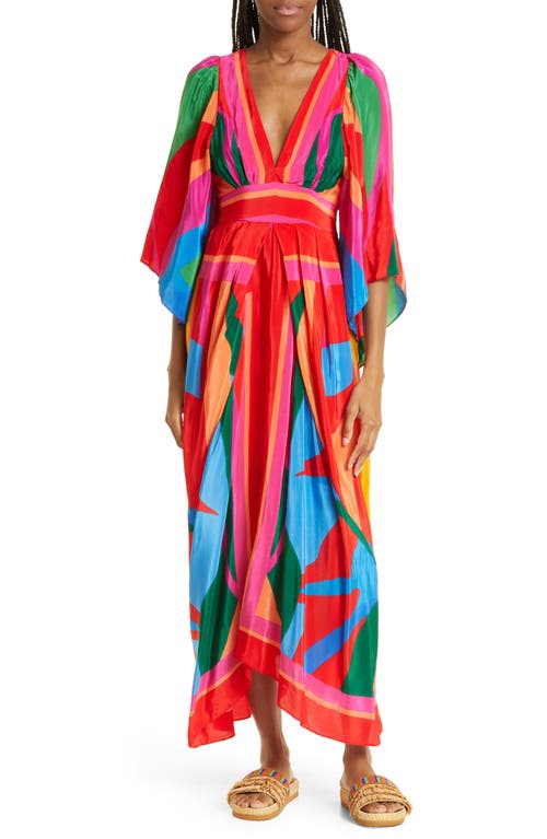 FARM Rio Abstract Leaf Print Angel Sleeve Dress in Colorful Leaves Scar