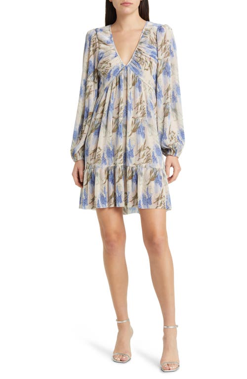 Floral Micropleat Long Sleeve Dress in Cream Blue Floral