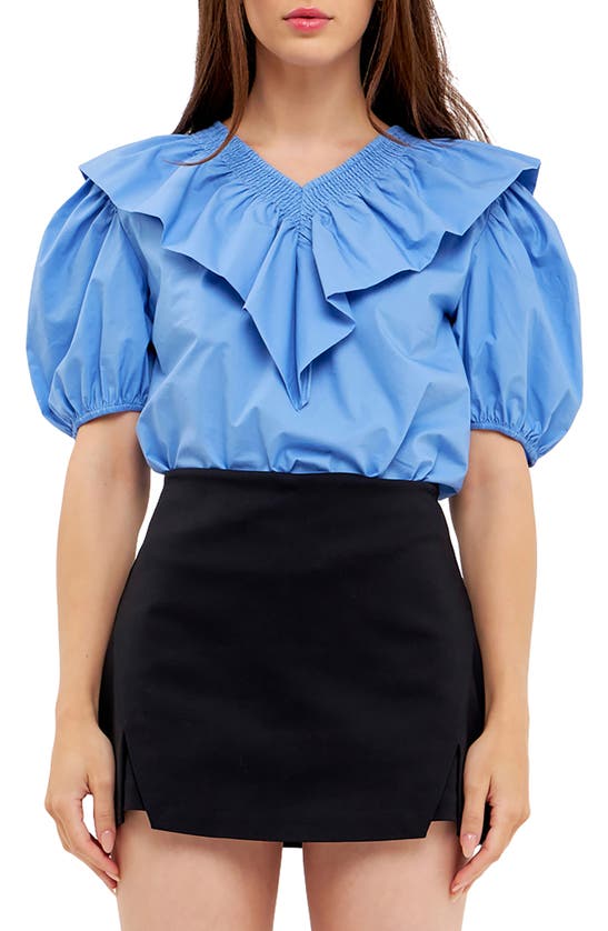 English Factory Smocked Ruffle Puff Sleeve Cotton Blouse In Oxford Blue