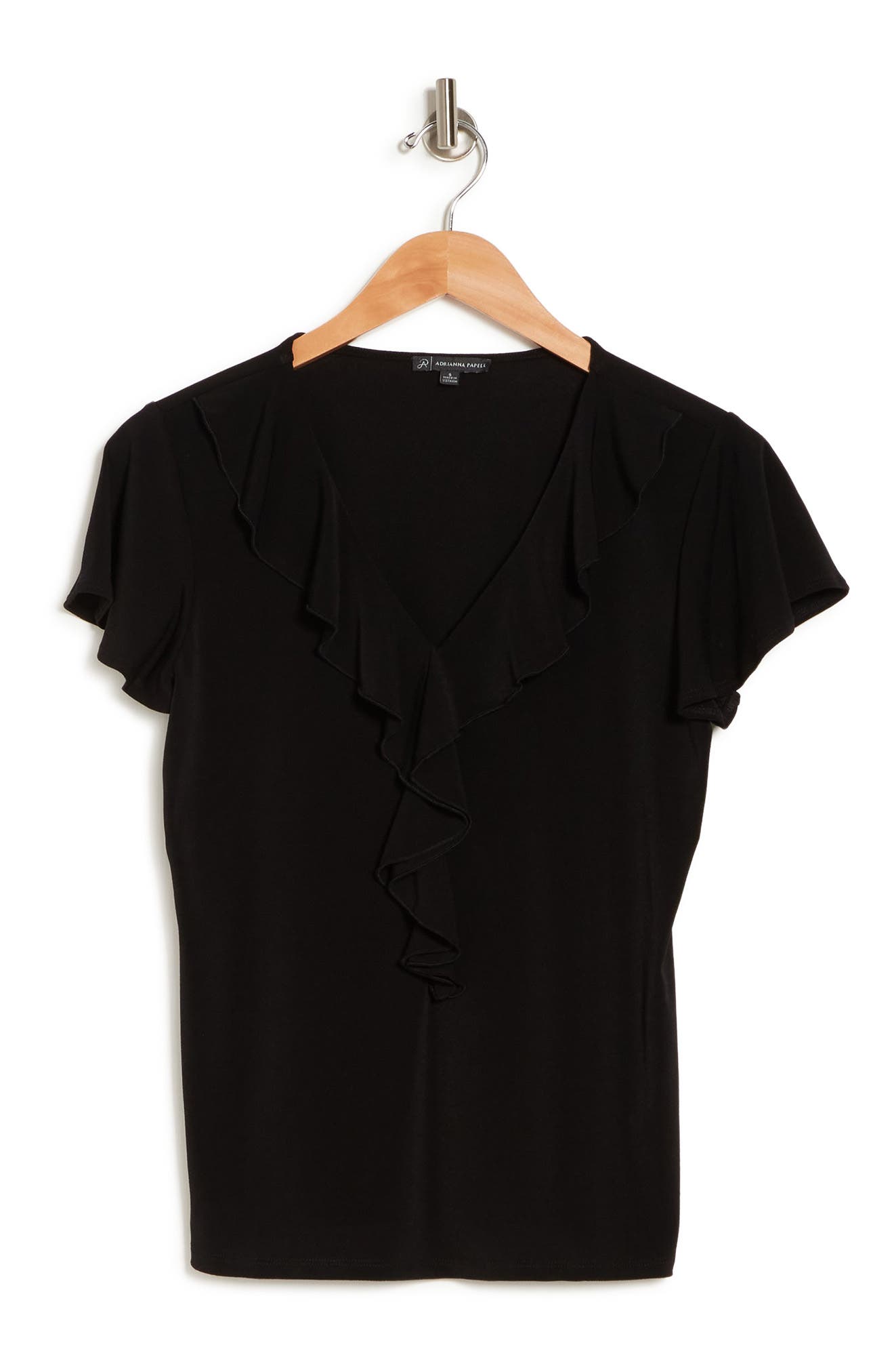 Adrianna Papell Solid Moss Crepe Ruffle V-neck Blouse In Black