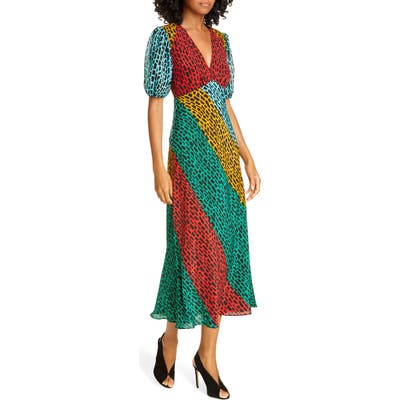 Rixo Amber Colorblock Giraffe Print Silk Blend Dress, US / 8 UK - Brown