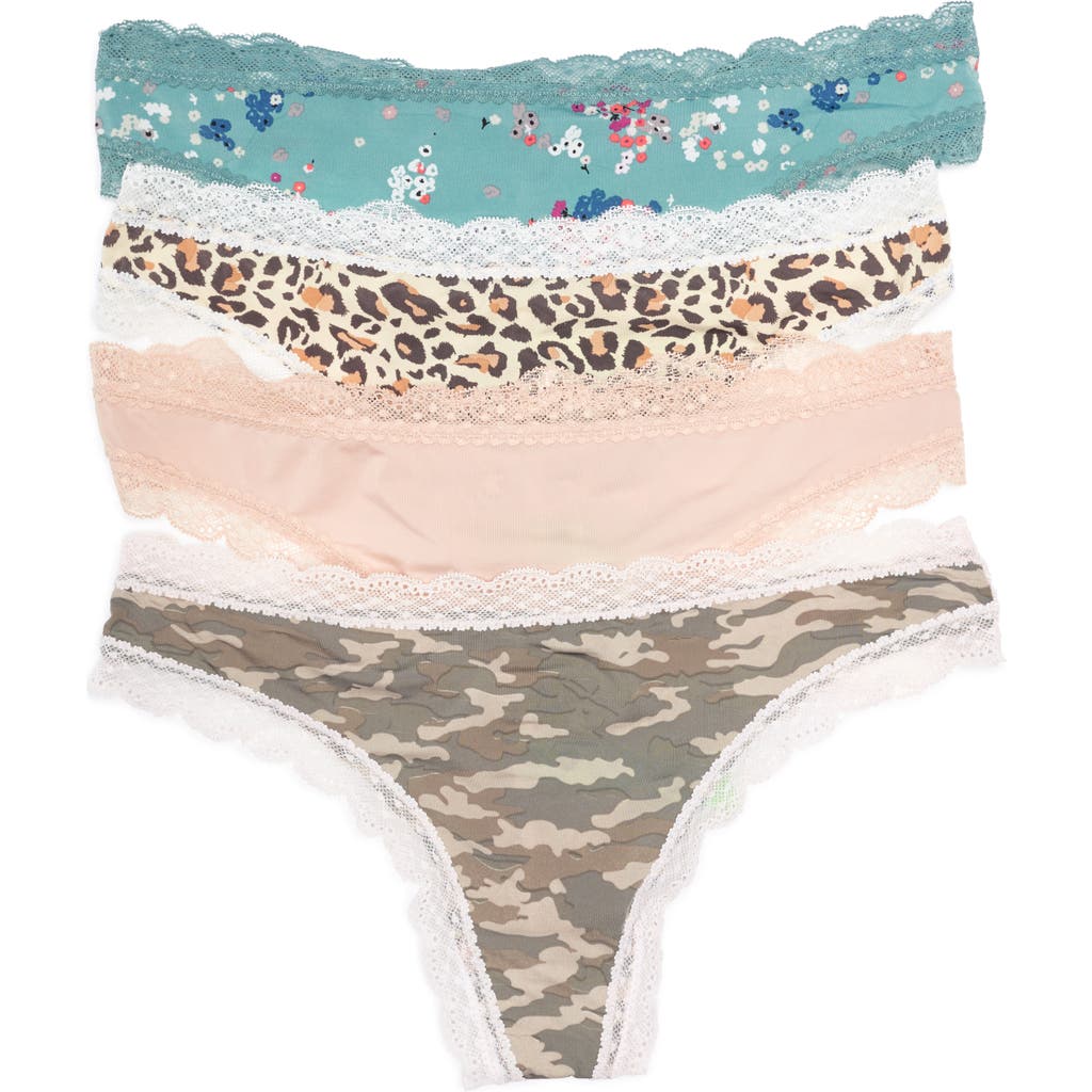 Honeydew Intimates Aiden 4-pack Assorted Lace Micro Thongs In Camo/beige/leopard