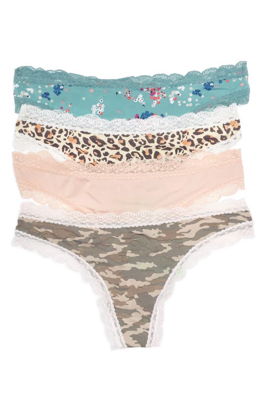 Shop Honeydew Intimates Aiden 4-pack Assorted Lace Micro Thongs In Camo/beige/leopard/floral