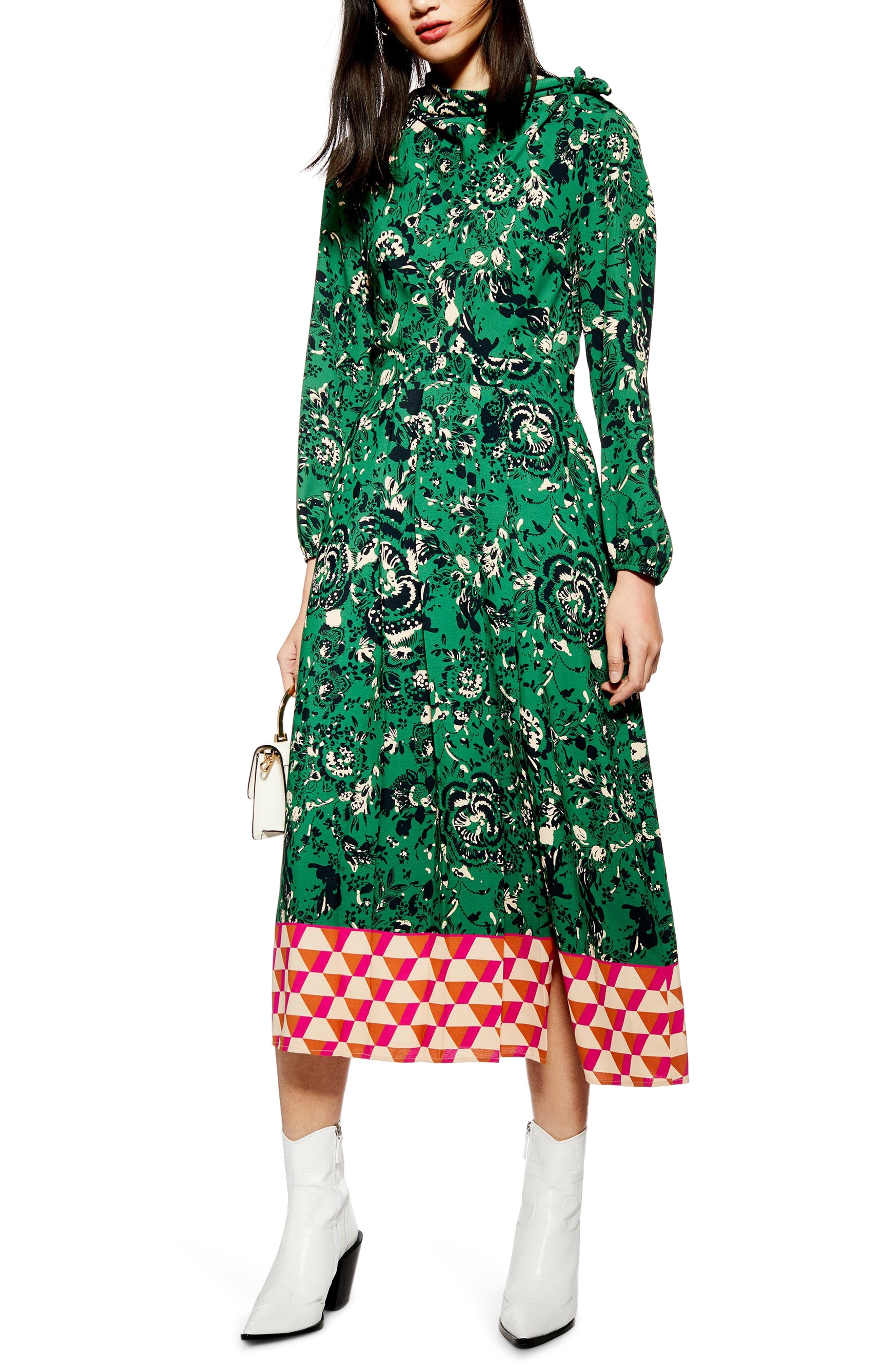 Topshop Geo Border Tie Neck Midi Dress, US (fits like 0-2) - Green